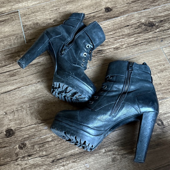 Allsaints Black Leather Heeled Lace Up Moto Ankle Boots - Picture 5 of 8